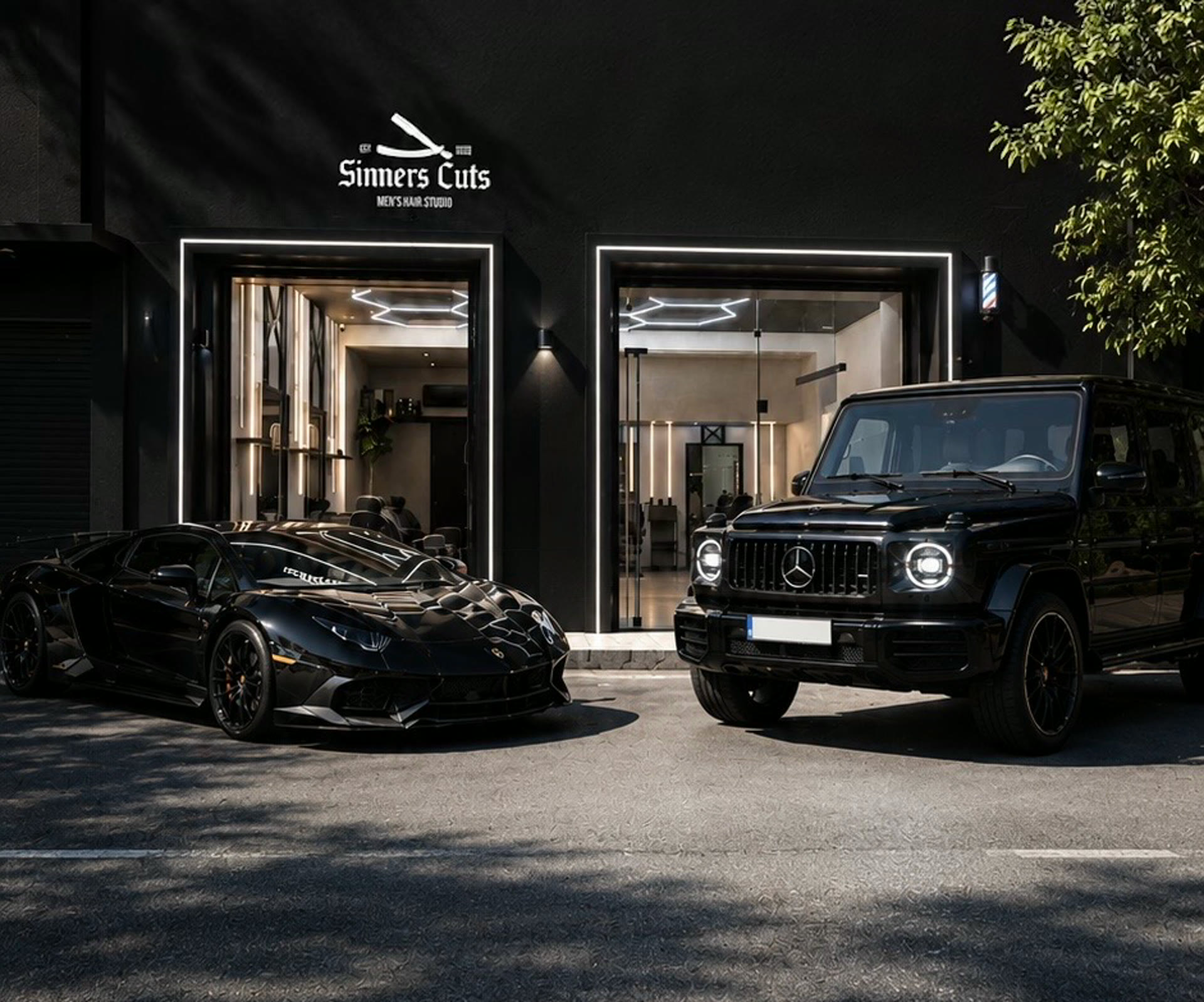 Sinners Cuts storefront by day